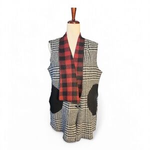 Black and White Houndstooth Vest with Red Plaidneck, Cameleon Brand, Size M